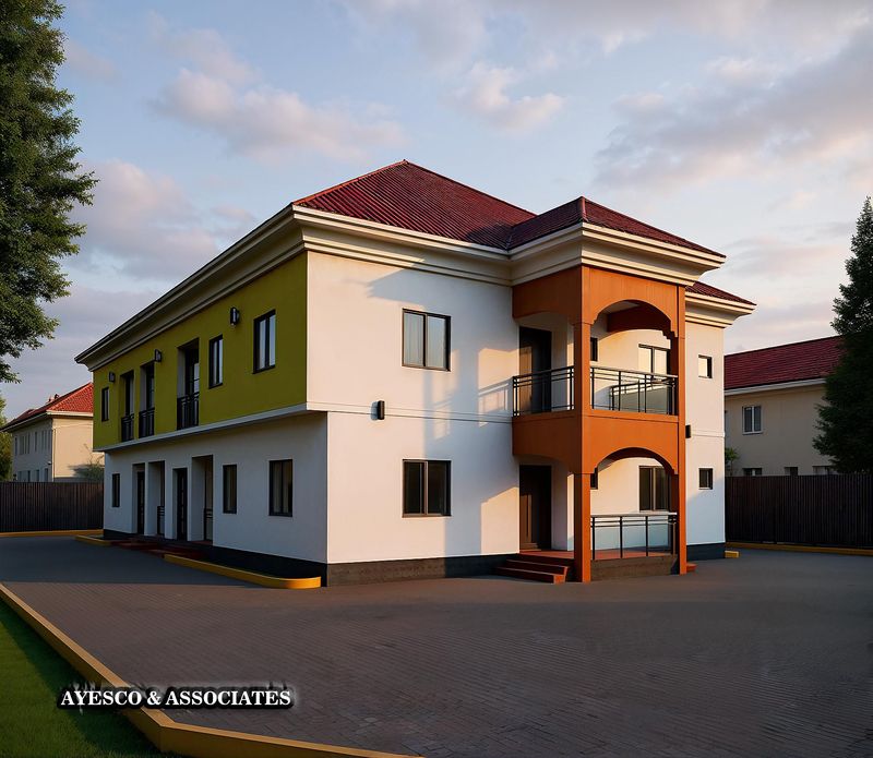 3D visualisation of a two-storey apartment building with orange arched balconies