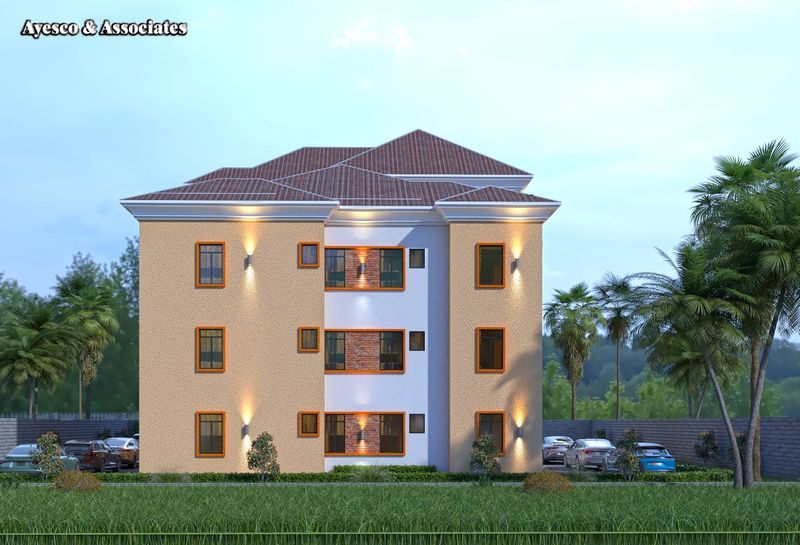 3D visualisation of a three-storey apartment block with a hipped roof