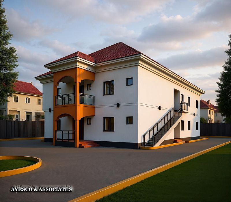 3D visualisation of a two-storey apartment building with orange arches and an external staircase