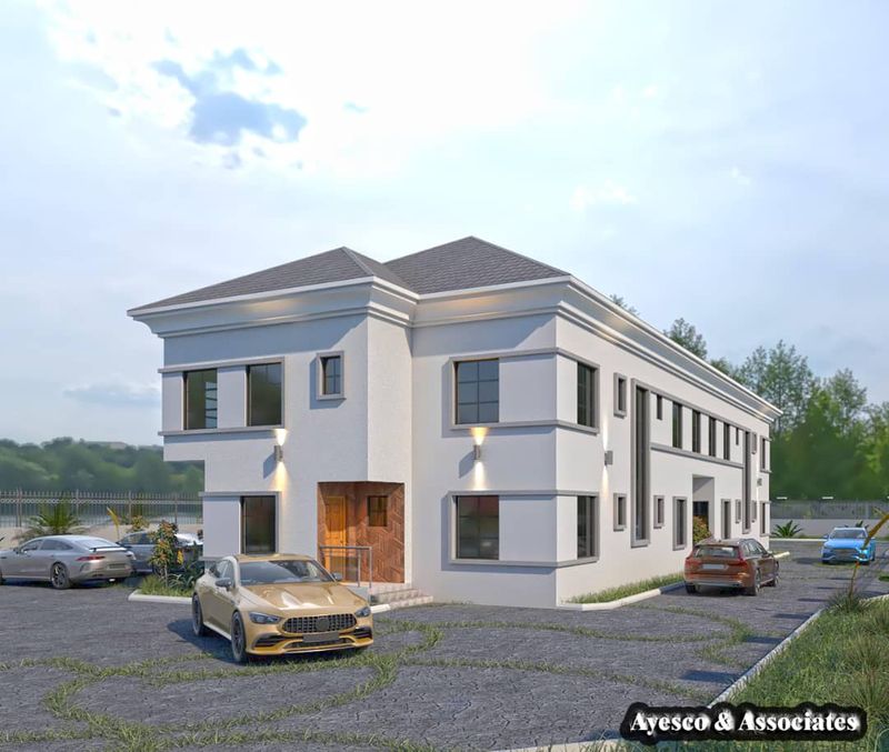3D visualisation: White two-storey building with a timber front door