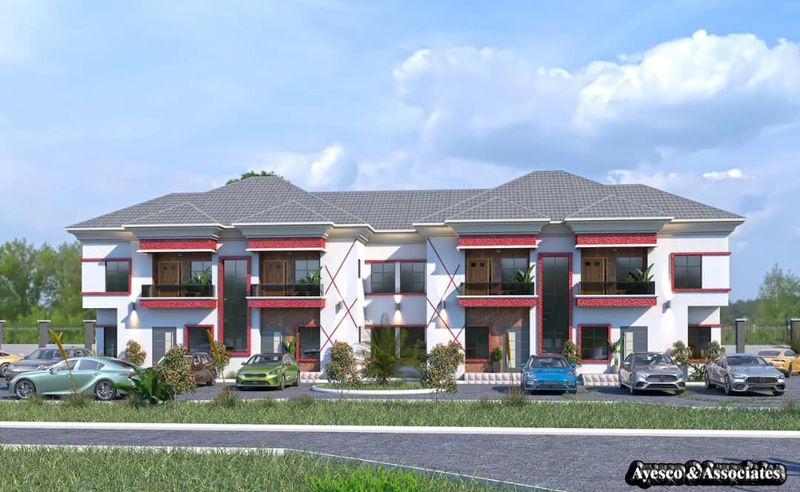 3D visualisation: Long terrace of two-storey homes with a shared car park