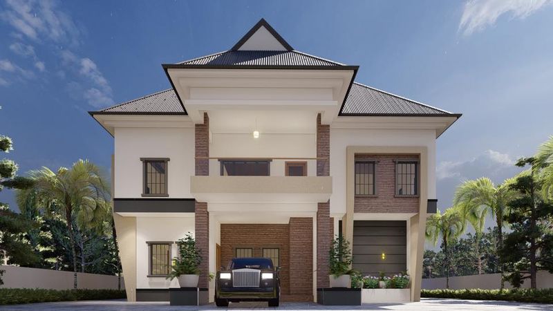 3D visualisation: Two-storey villa with a red brick feature wall and a garage