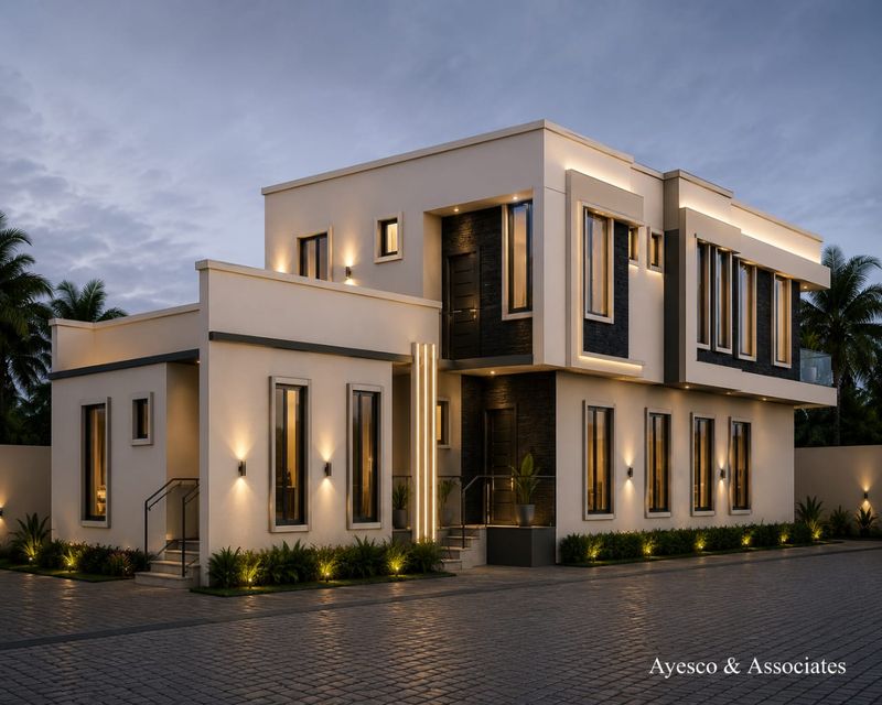 3D visualisation: Modern duplex with dark stone cladding and wall lights